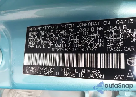 2013 Toyota Prius C Four from USA, damaged, VIN JTDKDTB30D1040097